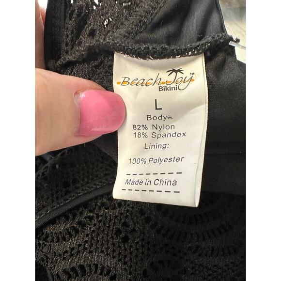 NWT Cabo Cali Black Crochet Lace One Piece Swimsuit L – Deep V & Open Back - Picture 10 of 11